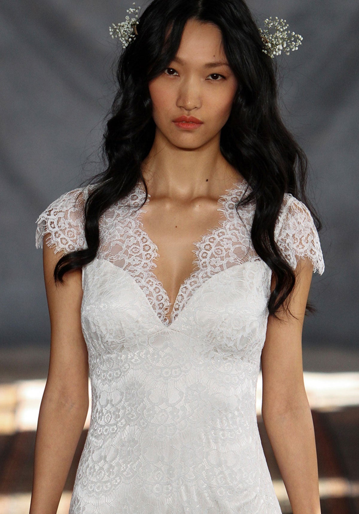 Estelle Lace Bridal Gown Romantique Claire Pettibone runway detail view from runway