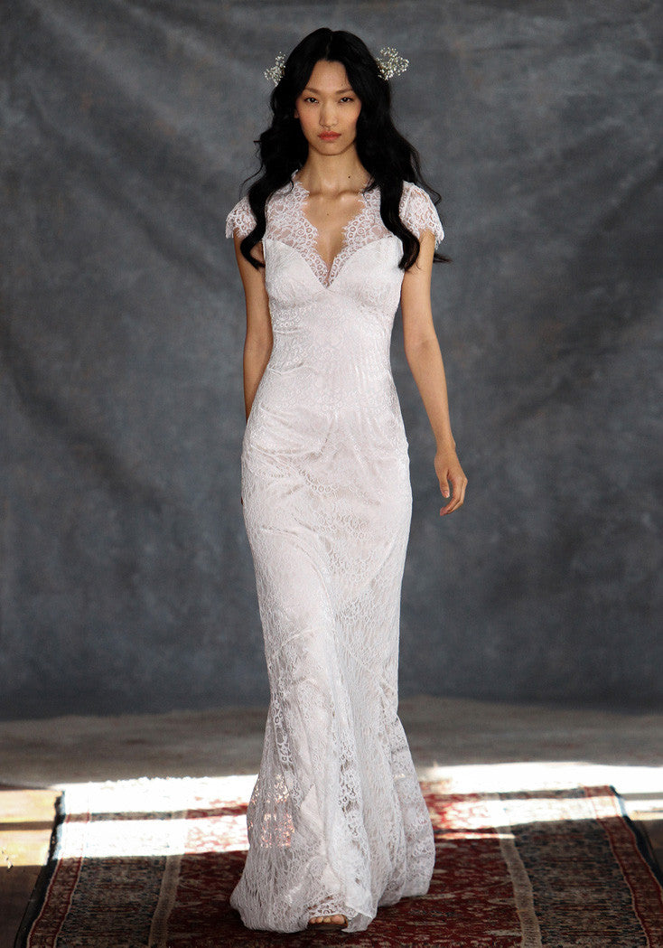 Estelle Lace Bridal Gown Romantique Claire Pettibone front view runway