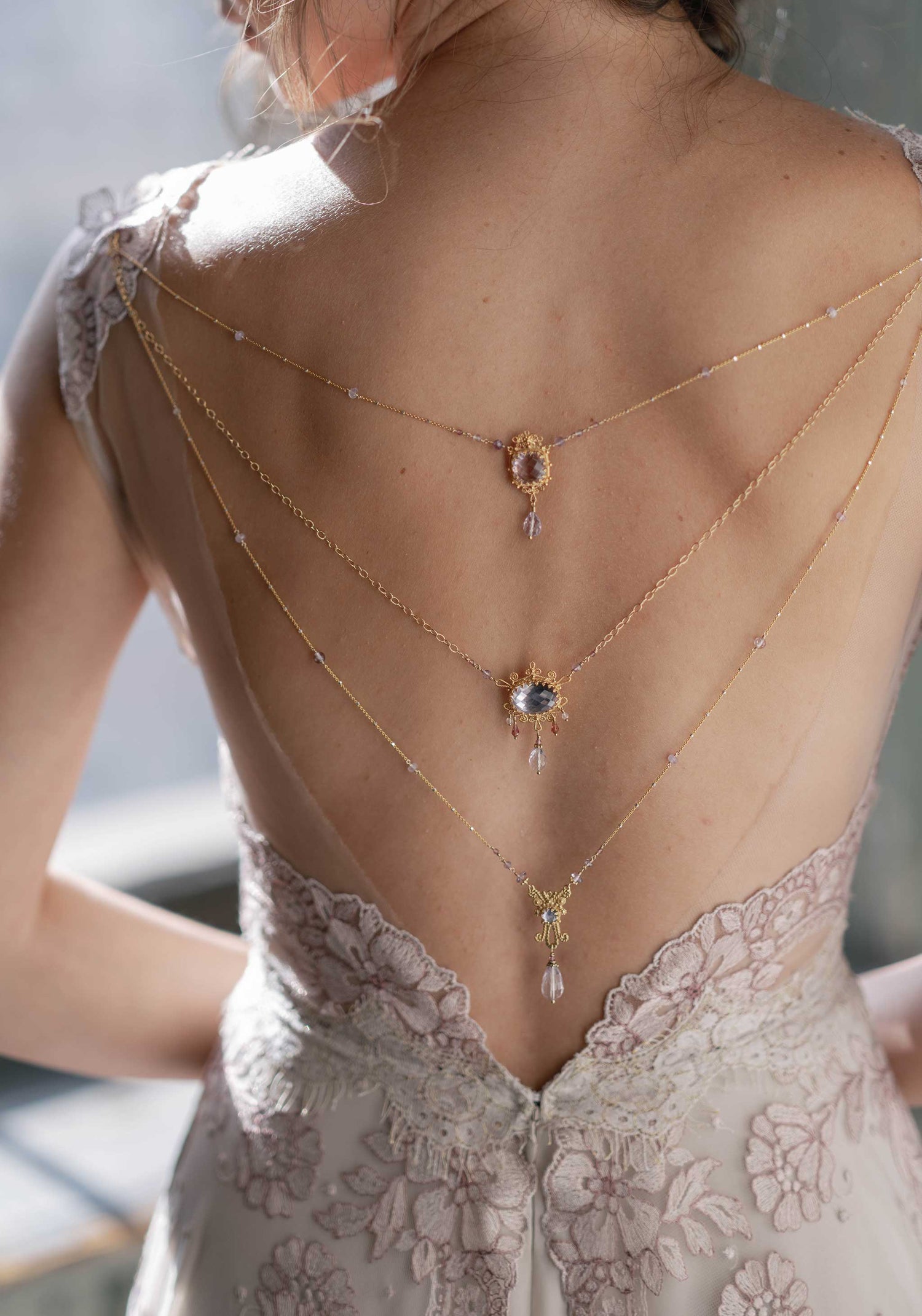 Bridal Jewelry Adorned neckless paired with Amethyst Open Back Wedding Dress