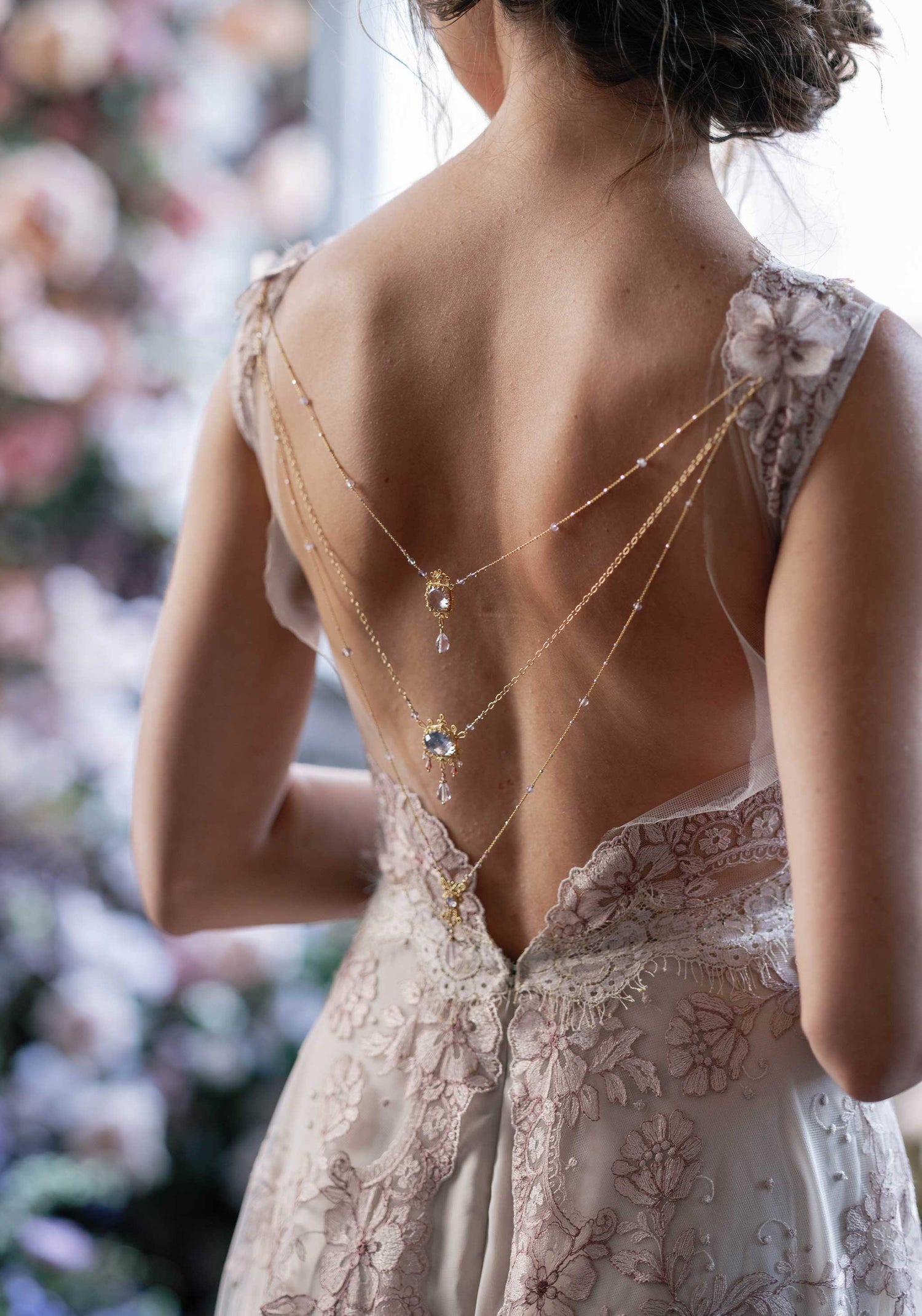 Open back wedding dress pair with Adorned neckless bridal accessory