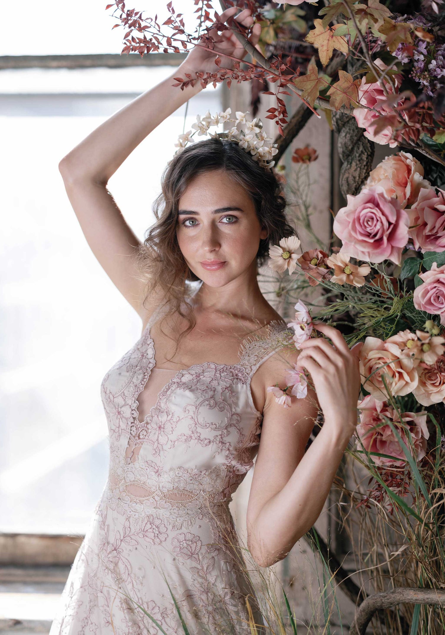 Blush Pink Wedding Dress with Ivory Floral Lace Bodice