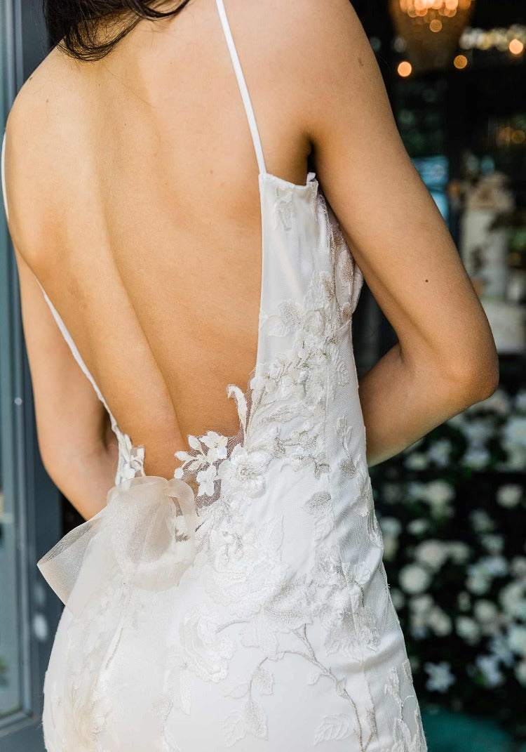 Plunging back designed wedding dress April by Claire Pettibone