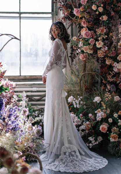 Arabesque Long Sleeve Lace Wedding Dress Sheath by Claire Pettibone Arabesque Long Sleeve Lace Wedding Dress Sheath by Claire Pettibone
