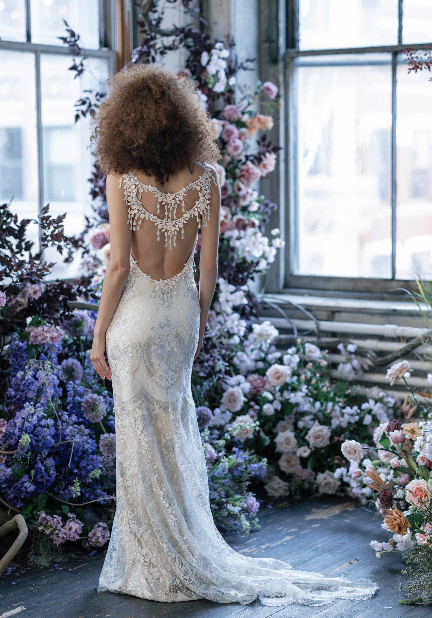 Briolette open back design lace wedding dress sheath style silhouette from Claire Pettibone