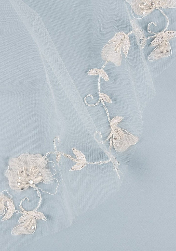 Claire Pettibone Accessories Flora Cathedral Veil | Flower Embroidered Veil | Claire Pettibone Ivory / Juliet Fingertip (44/112cm)
