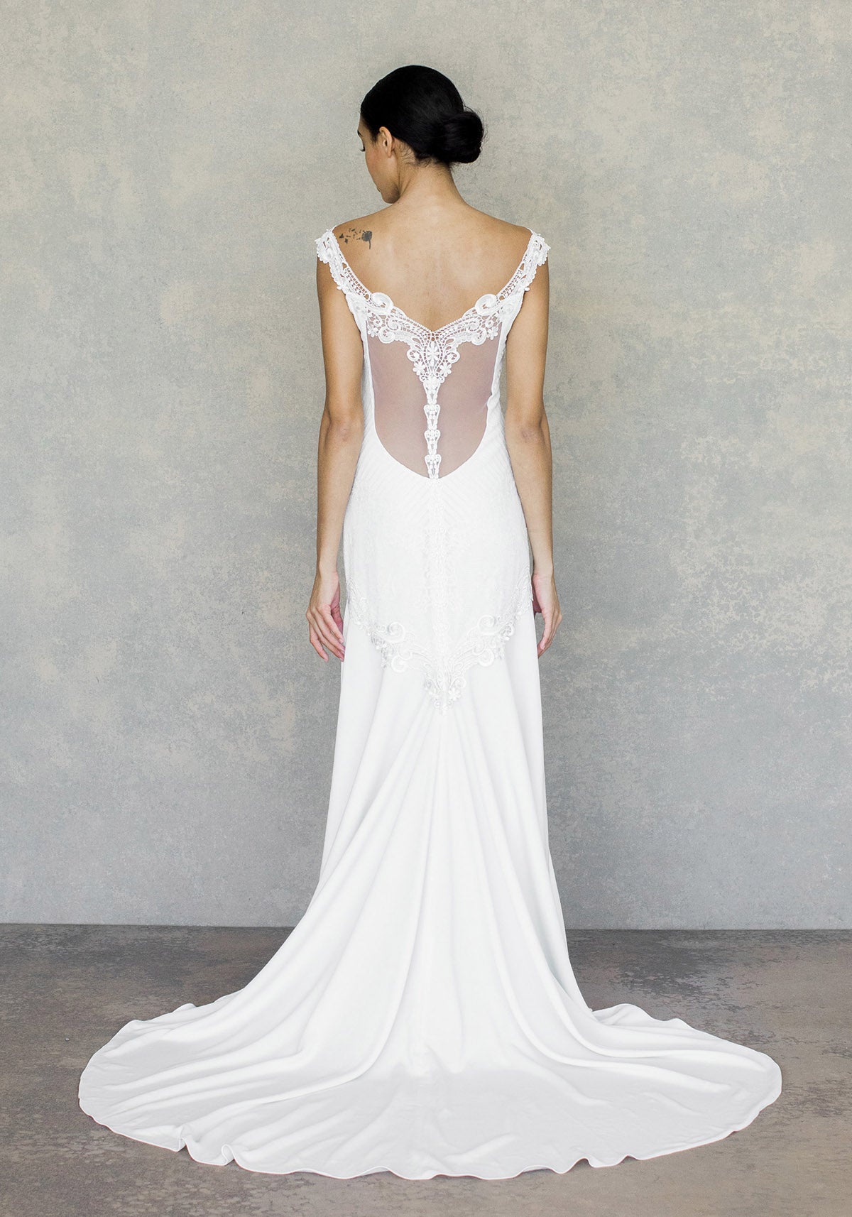 V Neck Lace Wedding Dress with Thigh High Slit Claire Pettibone