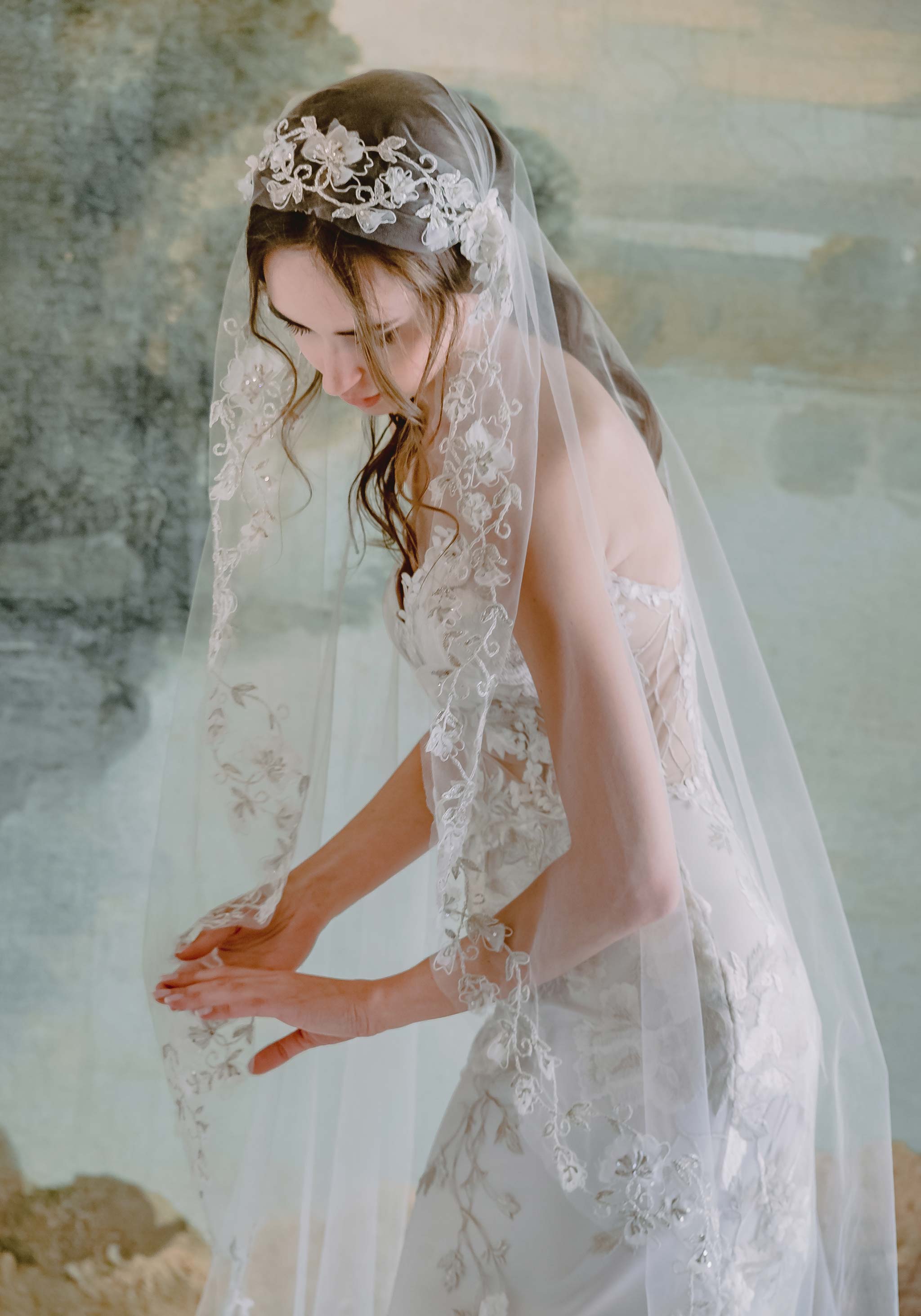 Claire Pettibone Accessories Odessa Embellished Lace Veil | Scalloped Lace Veil | Claire Pettibone Ivory/Blush / Waterfall Cathedral (94/239cm)