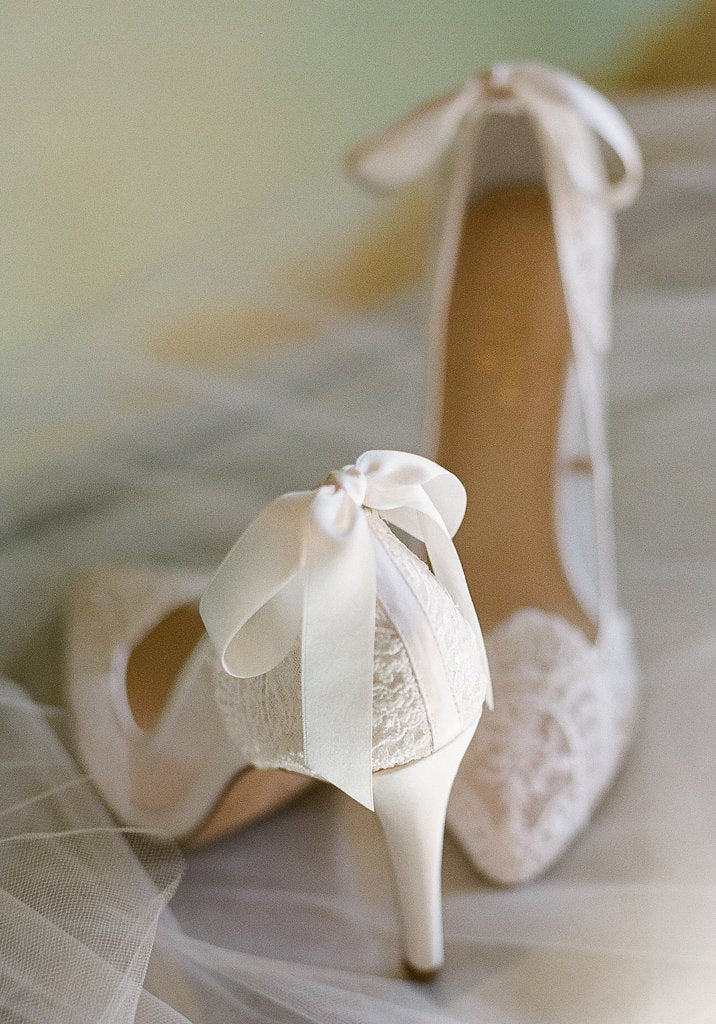 Lace Block Heel with Double Pearls Ankle Strap, Bridal Shoes