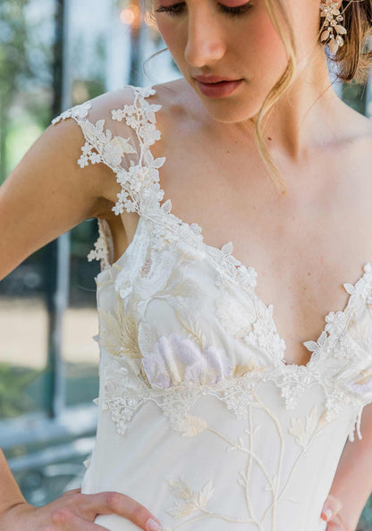 Cap sleeve lace detail on Hana Wedding Dress designed by Claire Pettibone