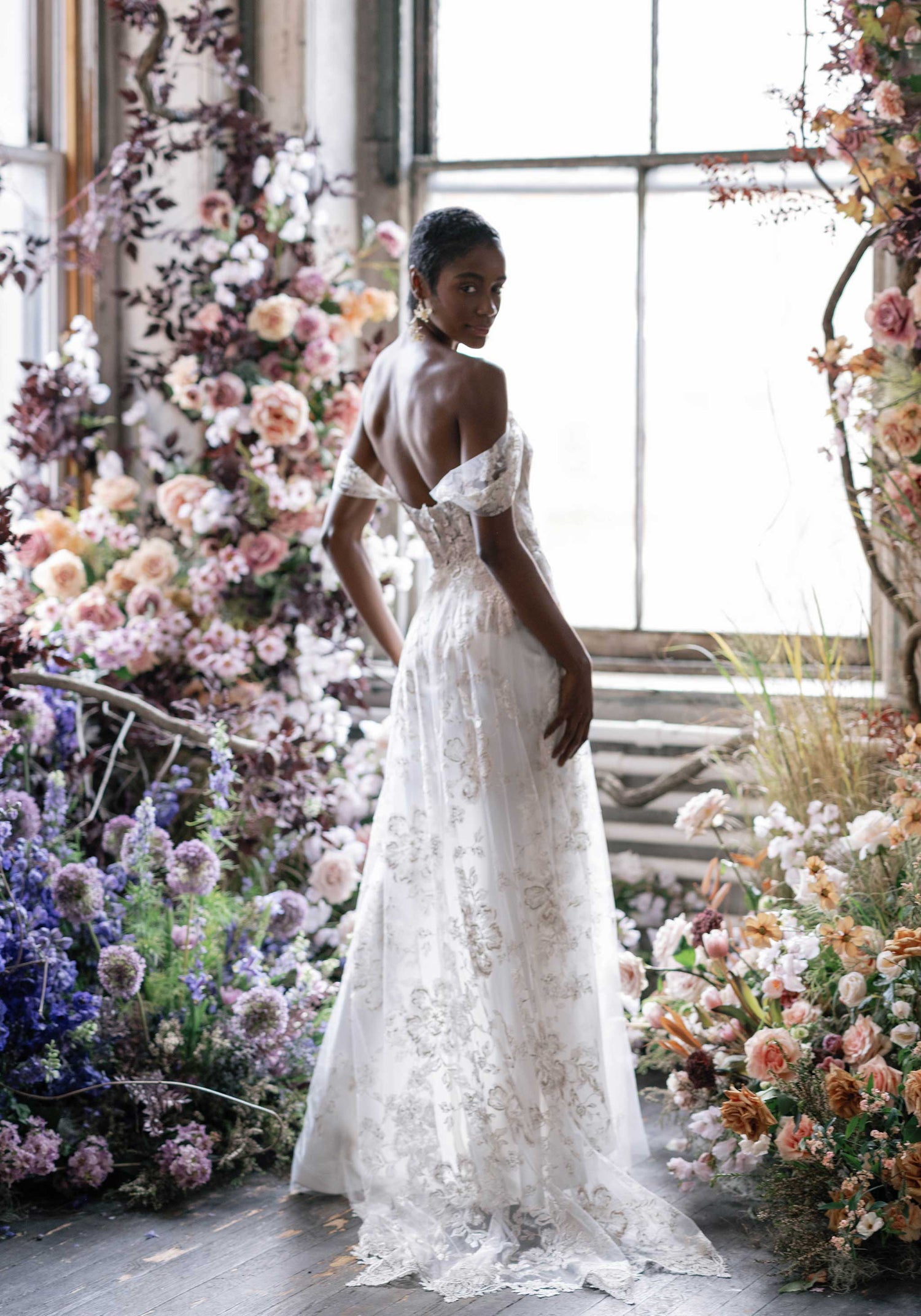 Morganite Floral Wedding Dress with Side slit