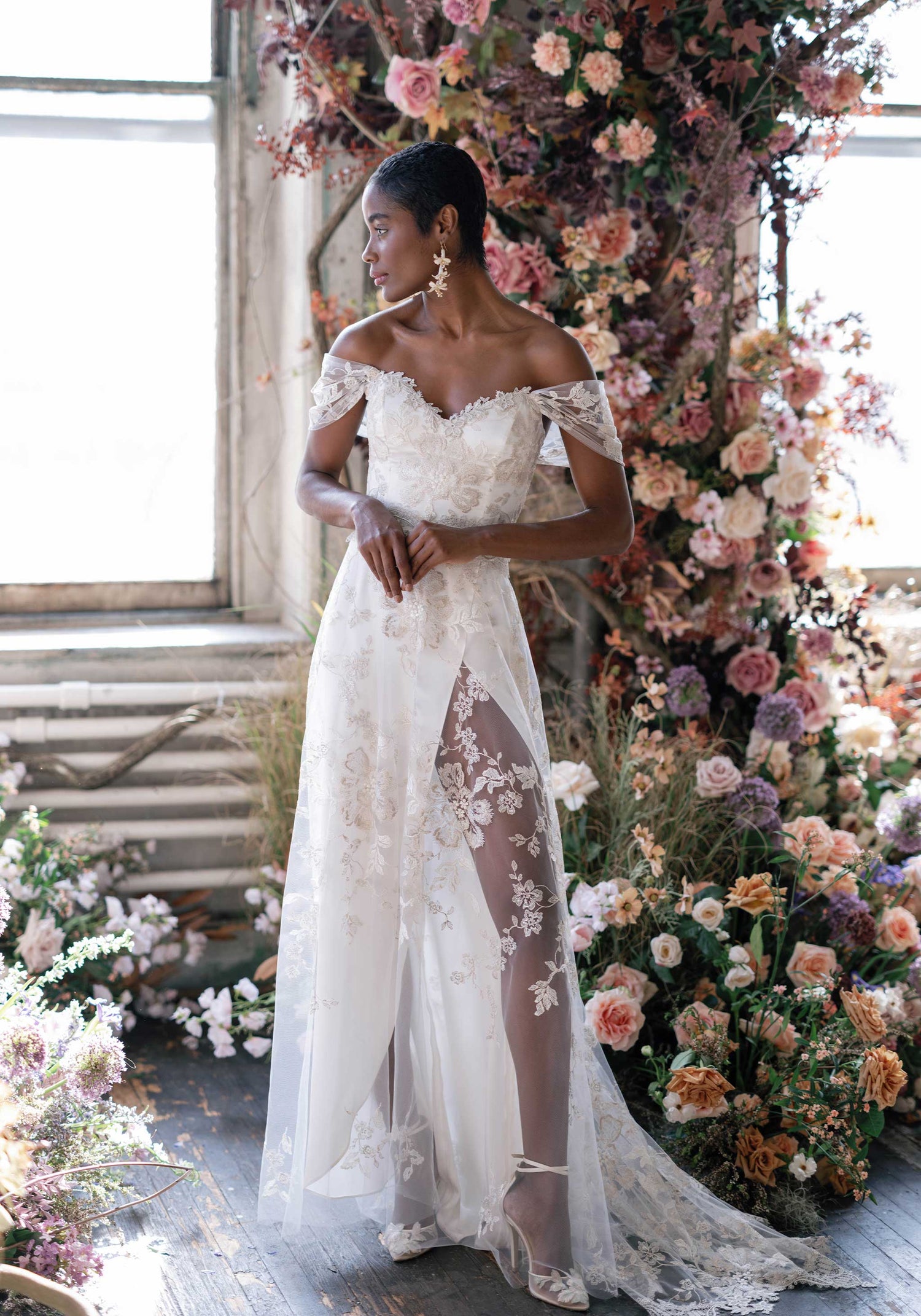 Morganite Floral Wedding Dress with Side slit