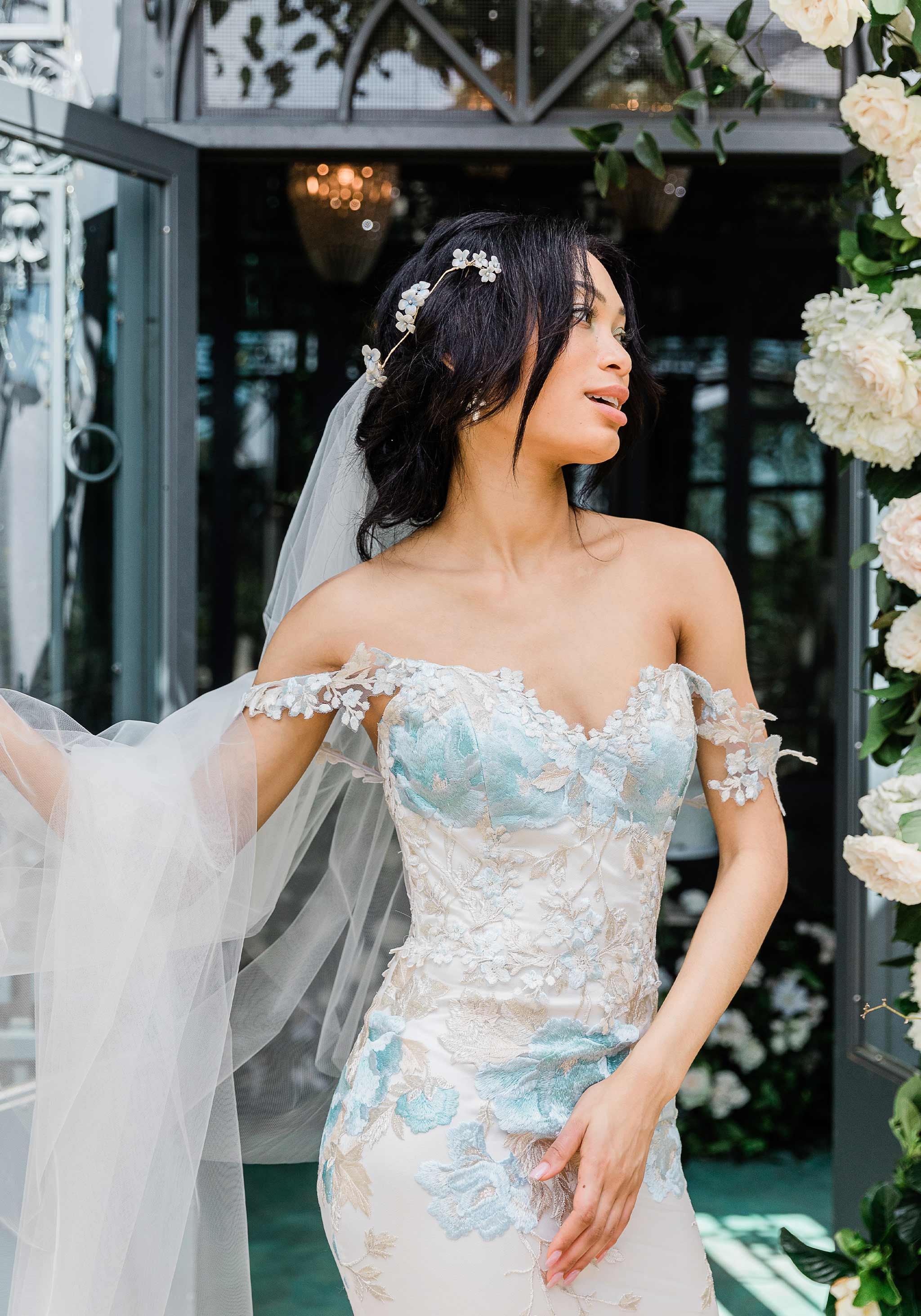 Odessa Colorful Blue Wedding Dress with Floral Detail A-line Corset