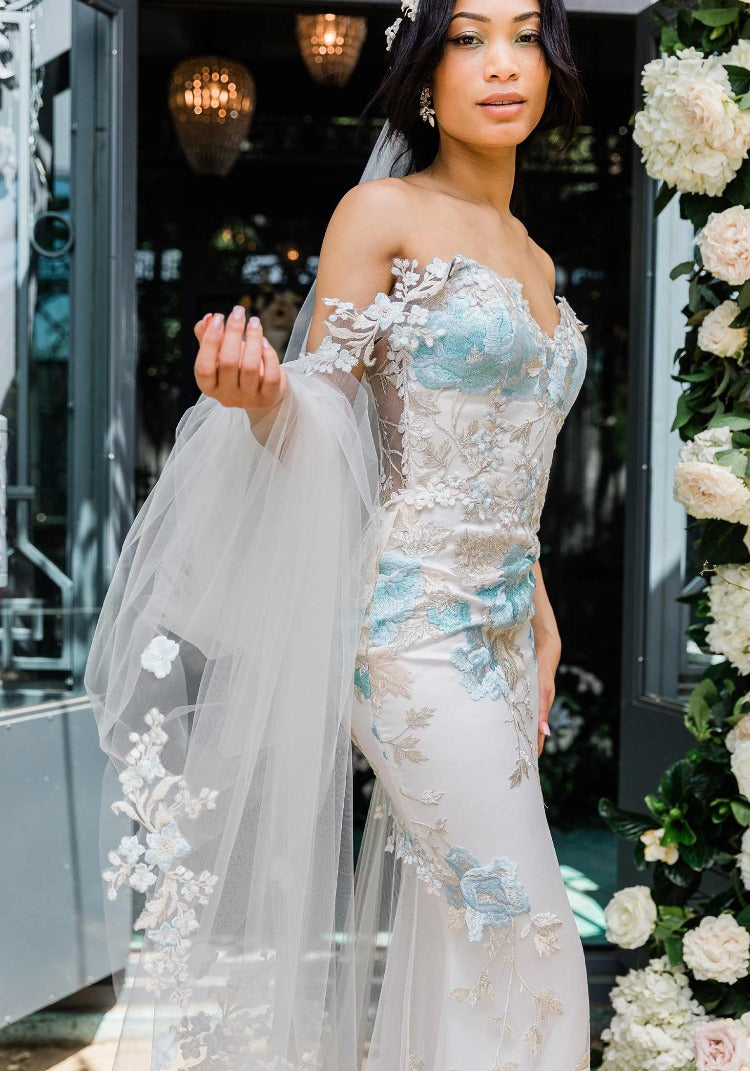 Model Bride in Odessa Blue Wedding Dress by Claire Pettibone