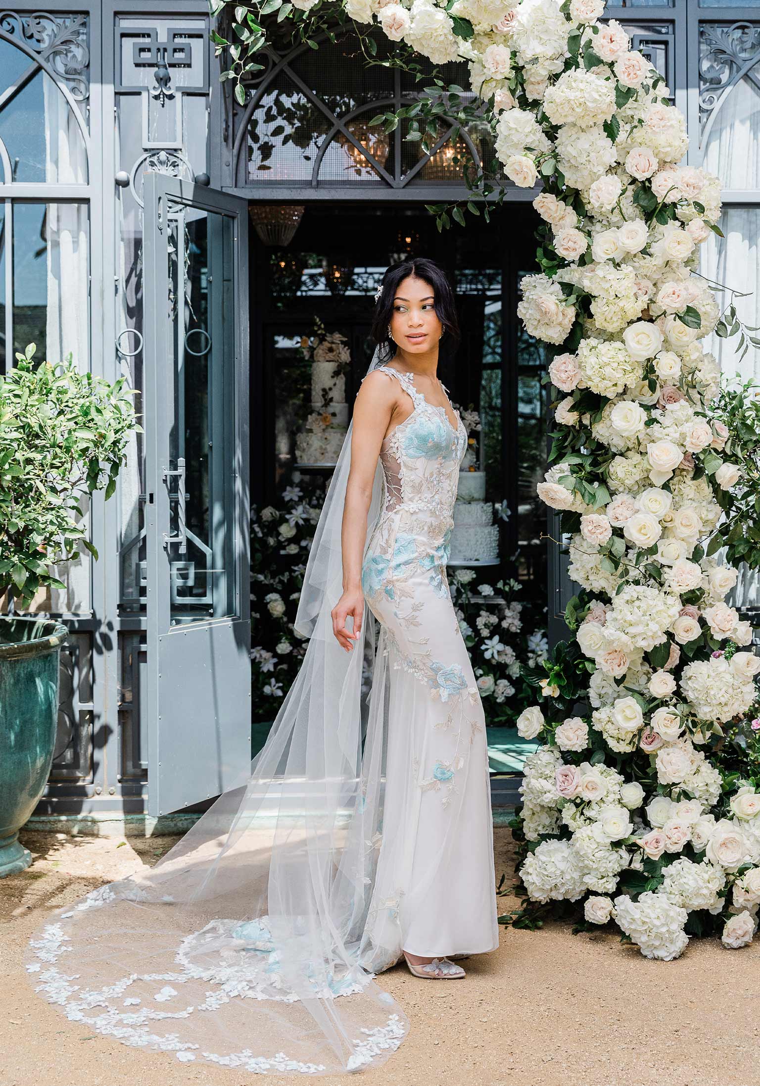 Odessa Colorful Blue Wedding Dress with Floral Detail A-line Corset
