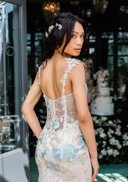 Back detail of Odessa Blue Corset Style Wedding Dress Designed by Claire Pettibone
