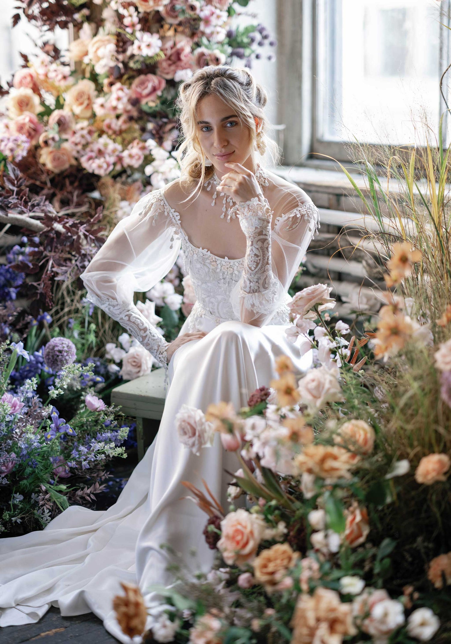 Riviere Long sleeve designer silk wedding dress by Claire Pettibone