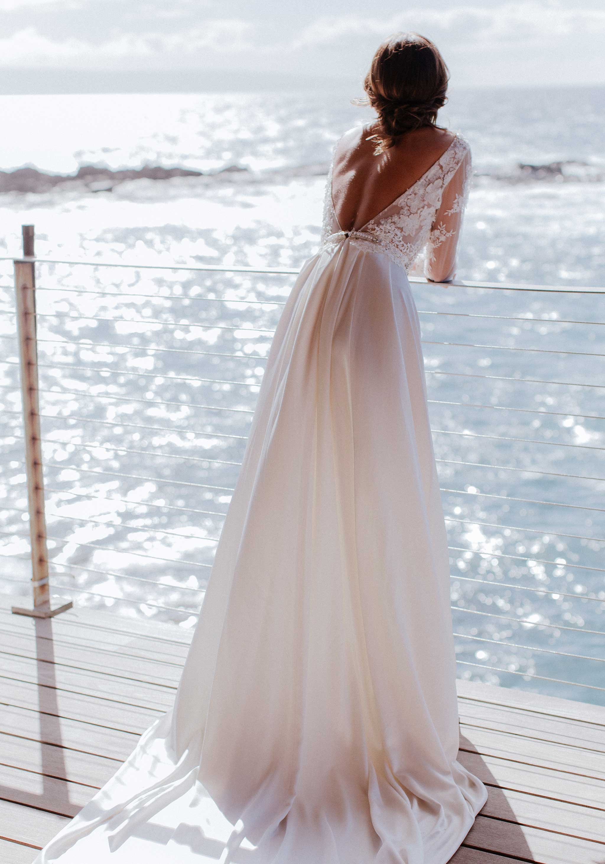 Greek wedding dress. Open bodice with shaped V-neck, neat draping,  decorative buttons - BridesHouse Wedding Salon