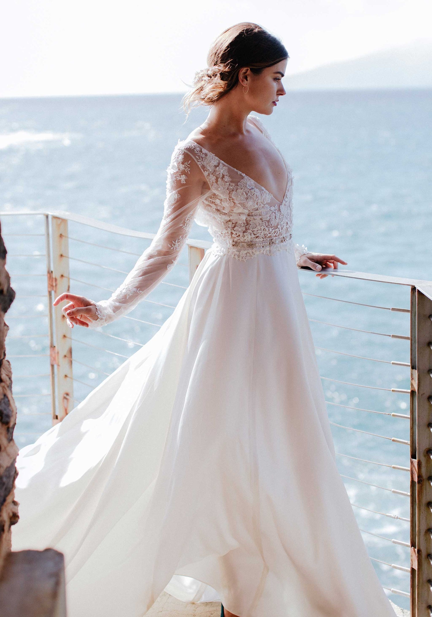 Santorini Colorful A-line Wedding Dress with Long Sleeves & Silk Skirt Santorini Colorful A-line Wedding Dress with Long Sleeves & Silk Skirt