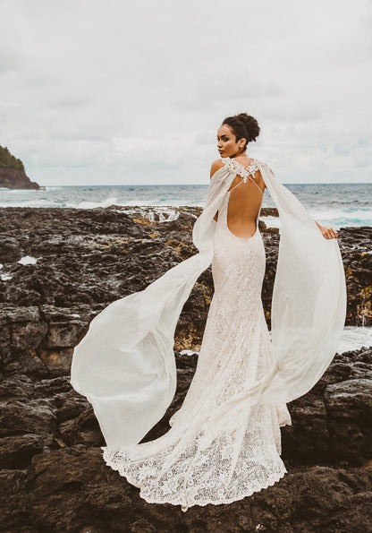 Lace Fit and Flare with Flowing Cape Wedding Dress