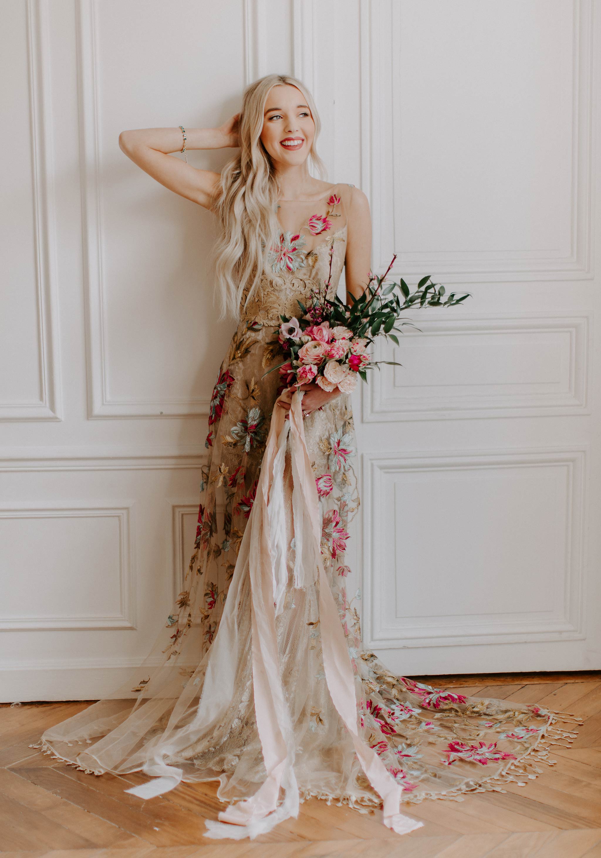 Balloon Sleeve Designer Floral Chiffon Off-shoulder Spring Bridal Dress