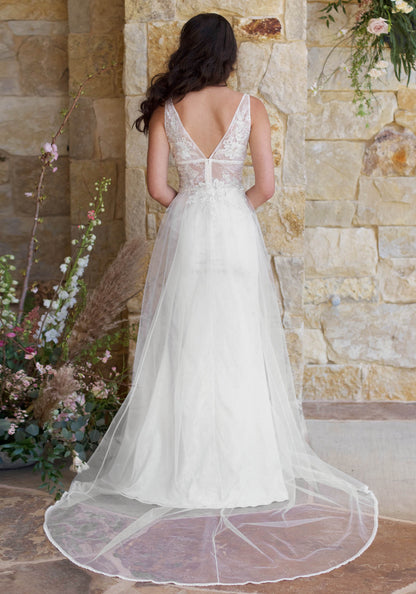 Champagne Wedding Gown w/ Lace Bodice & Plunging Neckline